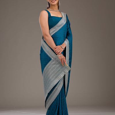 Peacock Blue Stonework Satin Saree
