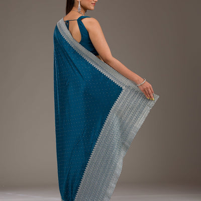 Peacock Blue Stonework Satin Saree
