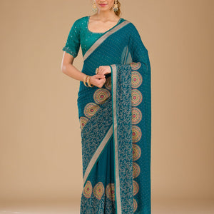 Peacock Blue Threadwork Georgette Saree