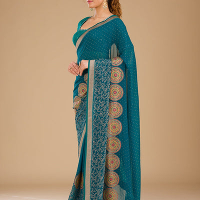 Peacock Blue Threadwork Georgette Saree