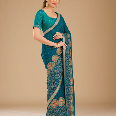 Peacock Blue Threadwork Georgette Saree