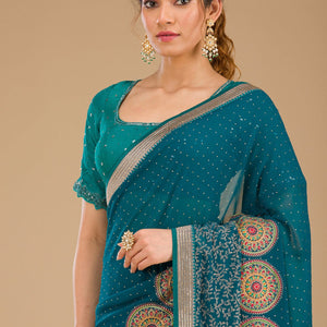Peacock Blue Threadwork Georgette Saree
