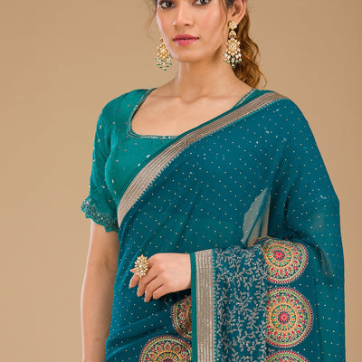 Peacock Blue Threadwork Georgette Saree