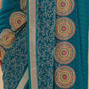 Peacock Blue Threadwork Georgette Saree