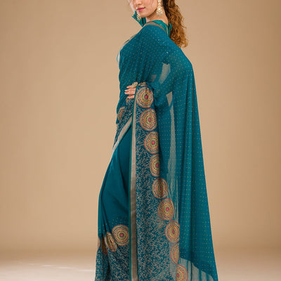 Peacock Blue Threadwork Georgette Saree