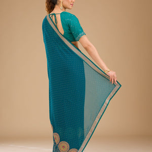 Peacock Blue Threadwork Georgette Saree