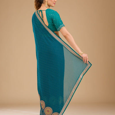 Peacock Blue Threadwork Georgette Saree