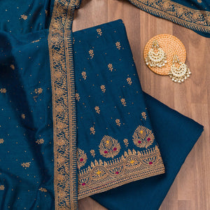 Peacock Blue Zariwork Raw Silk Unstitched Salwar Suit