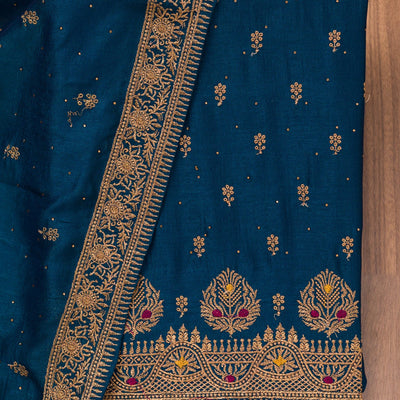 Peacock Blue Zariwork Raw Silk Unstitched Salwar Suit