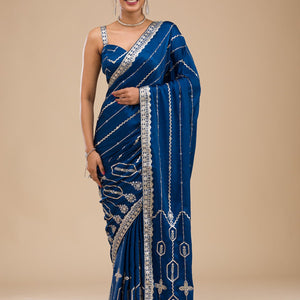 Peacock Blue Zariwork Satin Saree