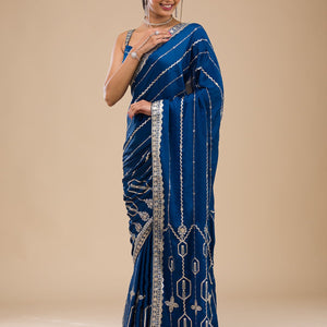 Peacock Blue Zariwork Satin Saree