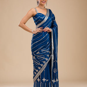 Peacock Blue Zariwork Satin Saree