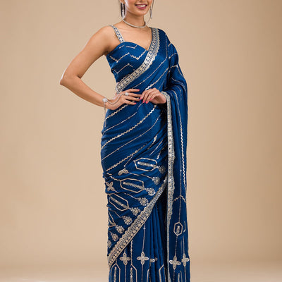 Peacock Blue Zariwork Satin Saree