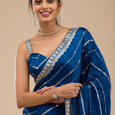 Peacock Blue Zariwork Satin Saree