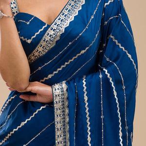 Peacock Blue Zariwork Satin Saree