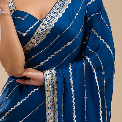 Peacock Blue Zariwork Satin Saree
