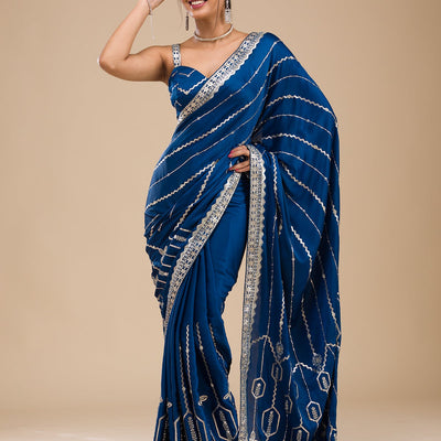 Peacock Blue Zariwork Satin Saree
