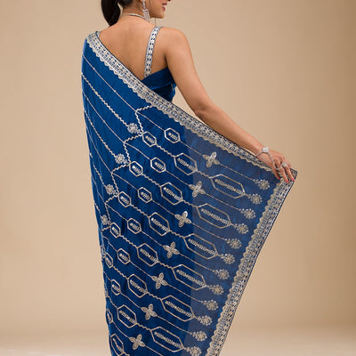 Peacock Blue Zariwork Satin Saree