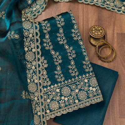 Peacock Blue Zariwork Semi Crepe Unstitched Salwar Suit