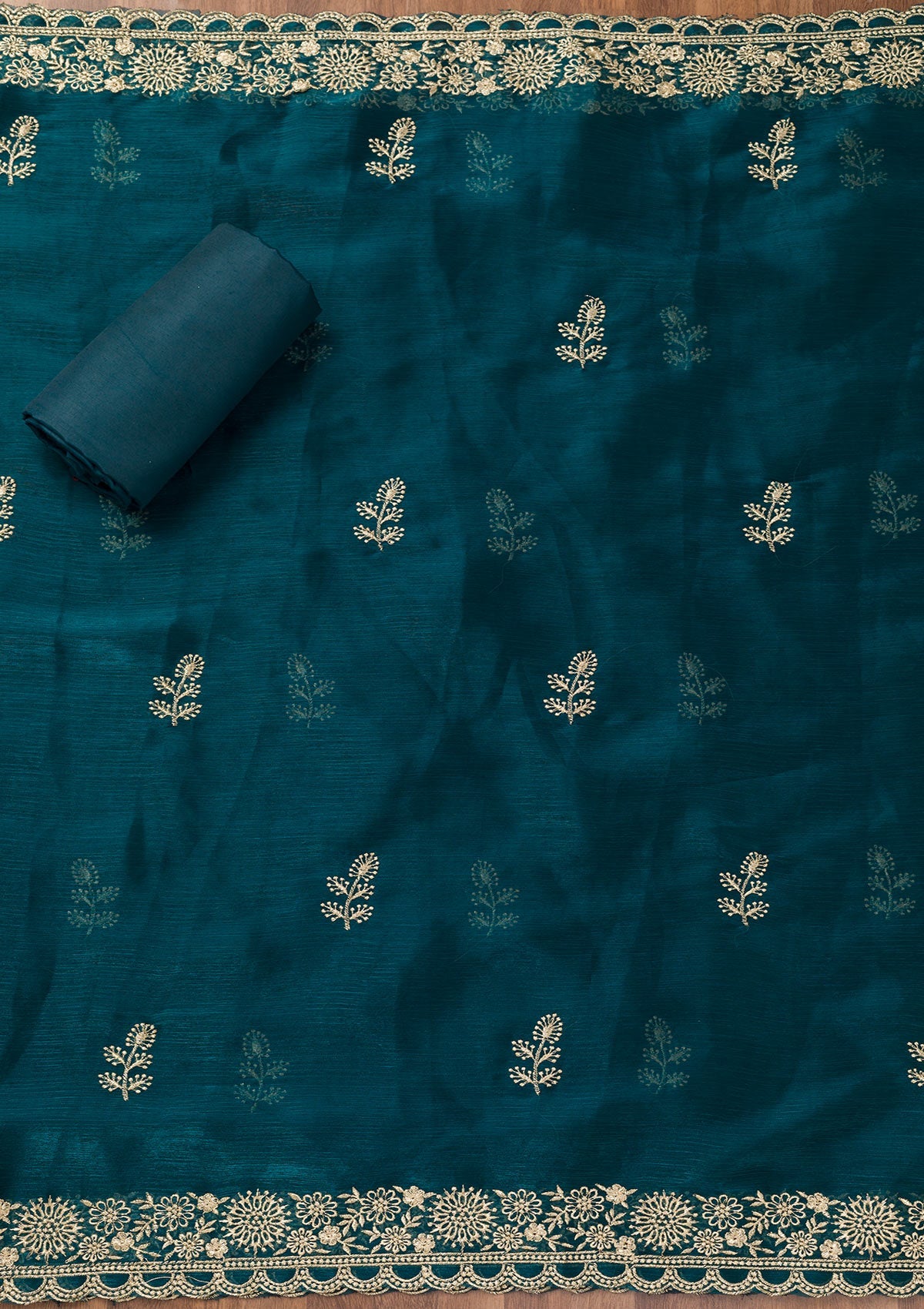 Peacock Blue Zariwork Semi Crepe Unstitched Salwar Suit