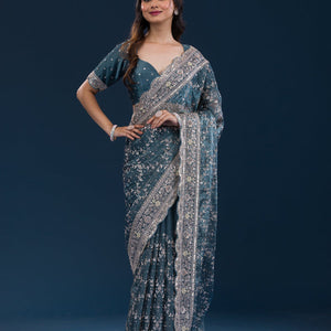 Peacock Blue Zariwork Tissue Saree