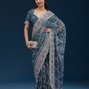 Peacock Blue Zariwork Tissue Saree