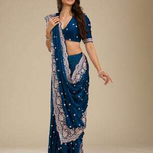 Peacock Blue Zariwork Velvet Saree