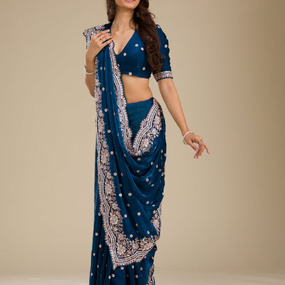 Peacock Blue Zariwork Velvet Saree