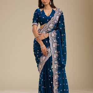 Peacock Blue Zariwork Velvet Saree