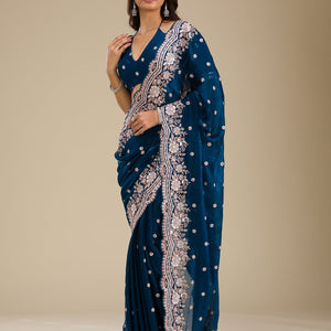 Peacock Blue Zariwork Velvet Saree