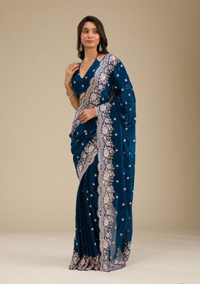 Peacock Blue Zariwork Velvet Saree