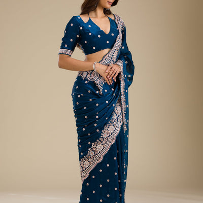 Peacock Blue Zariwork Velvet Saree