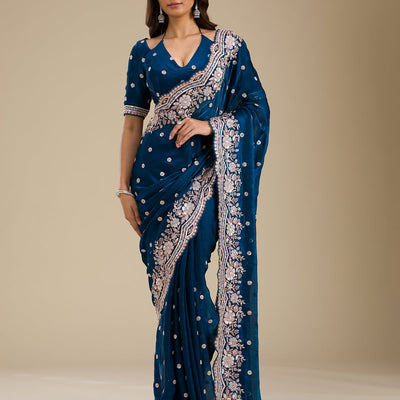 Peacock Blue Zariwork Velvet Saree