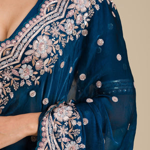 Peacock Blue Zariwork Velvet Saree