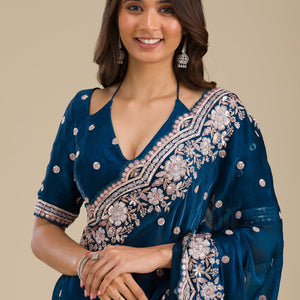 Peacock Blue Zariwork Velvet Saree