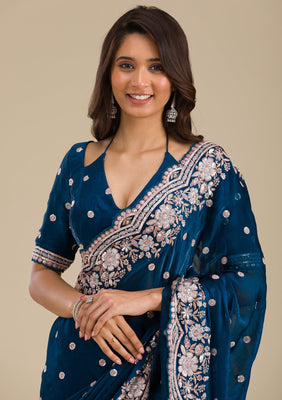 Peacock Blue Zariwork Velvet Saree