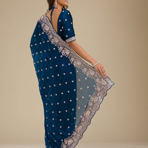 Peacock Blue Zariwork Velvet Saree