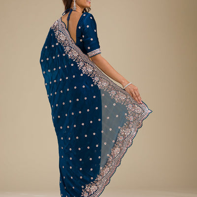 Peacock Blue Zariwork Velvet Saree