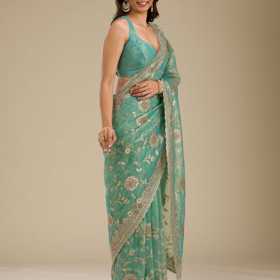 Sea Green Zariwork Tissue Saree