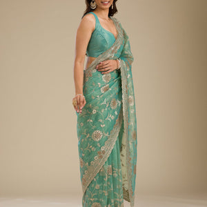Sea Green Zariwork Tissue Saree