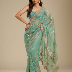 Sea Green Zariwork Tissue Saree