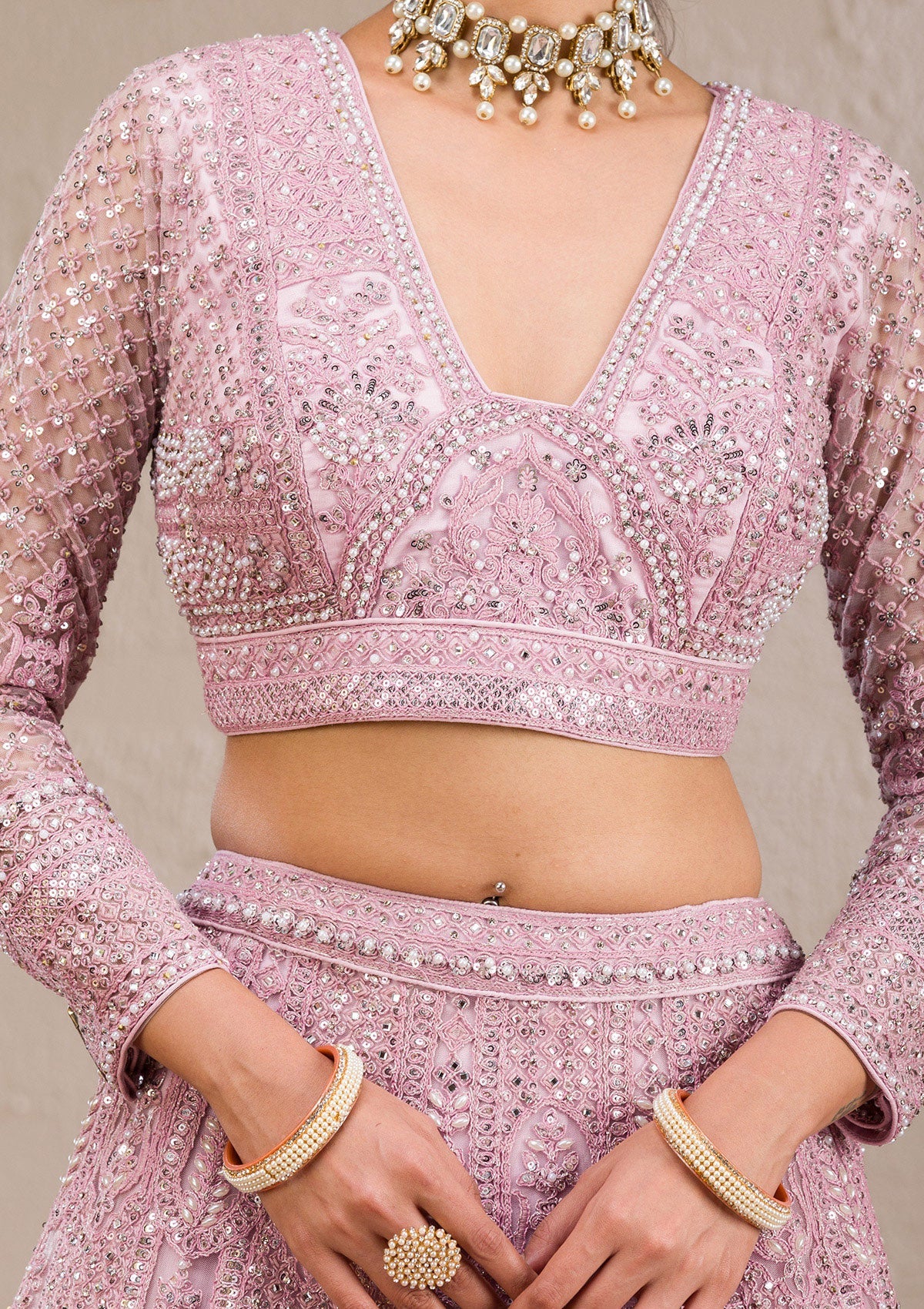Pink Pearlwork Net Readymade Lehenga