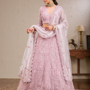 Pink Pearlwork Net Readymade Lehenga