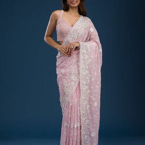 Pink Threadwork Georgette Saree