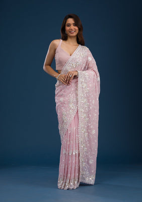 Pink Threadwork Georgette Saree