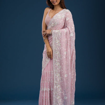 Pink Threadwork Georgette Saree