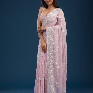 Pink Threadwork Georgette Saree