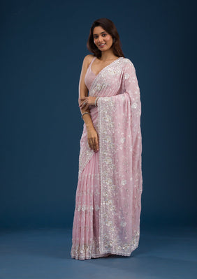 Pink Threadwork Georgette Saree