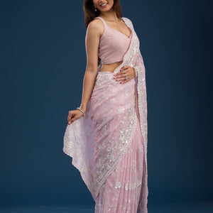 Pink Threadwork Georgette Saree