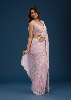 Pink Threadwork Georgette Saree